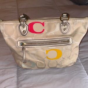 Coach Poppy Embroidered Beige Bag with Red and Yellow Letters